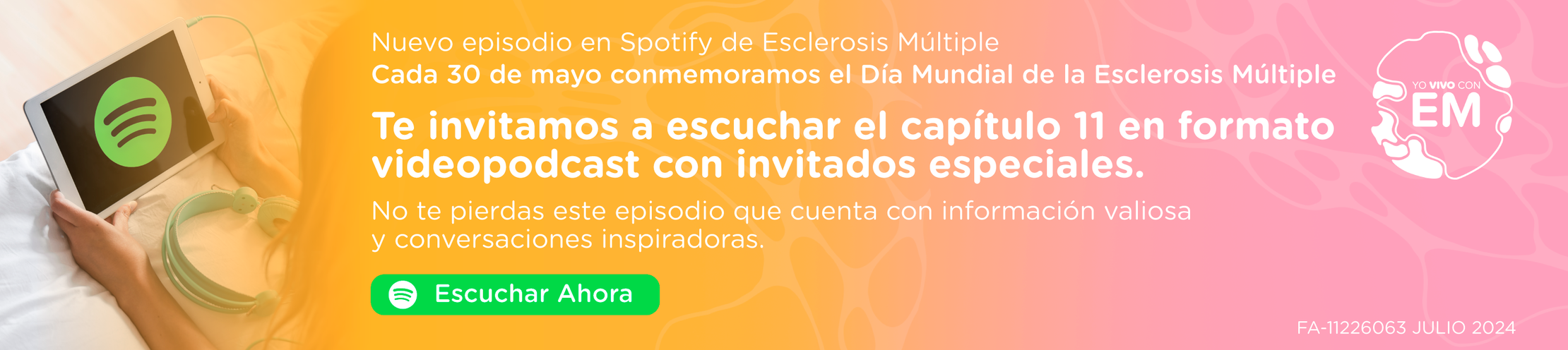 Nuevo episodio en Spotify de Esclerosis Múltiple. Cada 30 de mayo conmemoramos el Día Mundial de la Esclerosis Múltiple. Te invitamos a escuchar el capítulo 11 en formato videopodcast con invitados especiales. No te pierdas este episodio que cuenta con información valiosa y conversaciones inspiradoras. Hace clic aquí para escuchar ahora